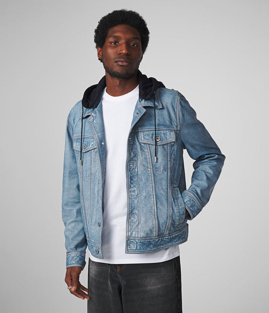 Crew Denim Leather Jacket With Hood