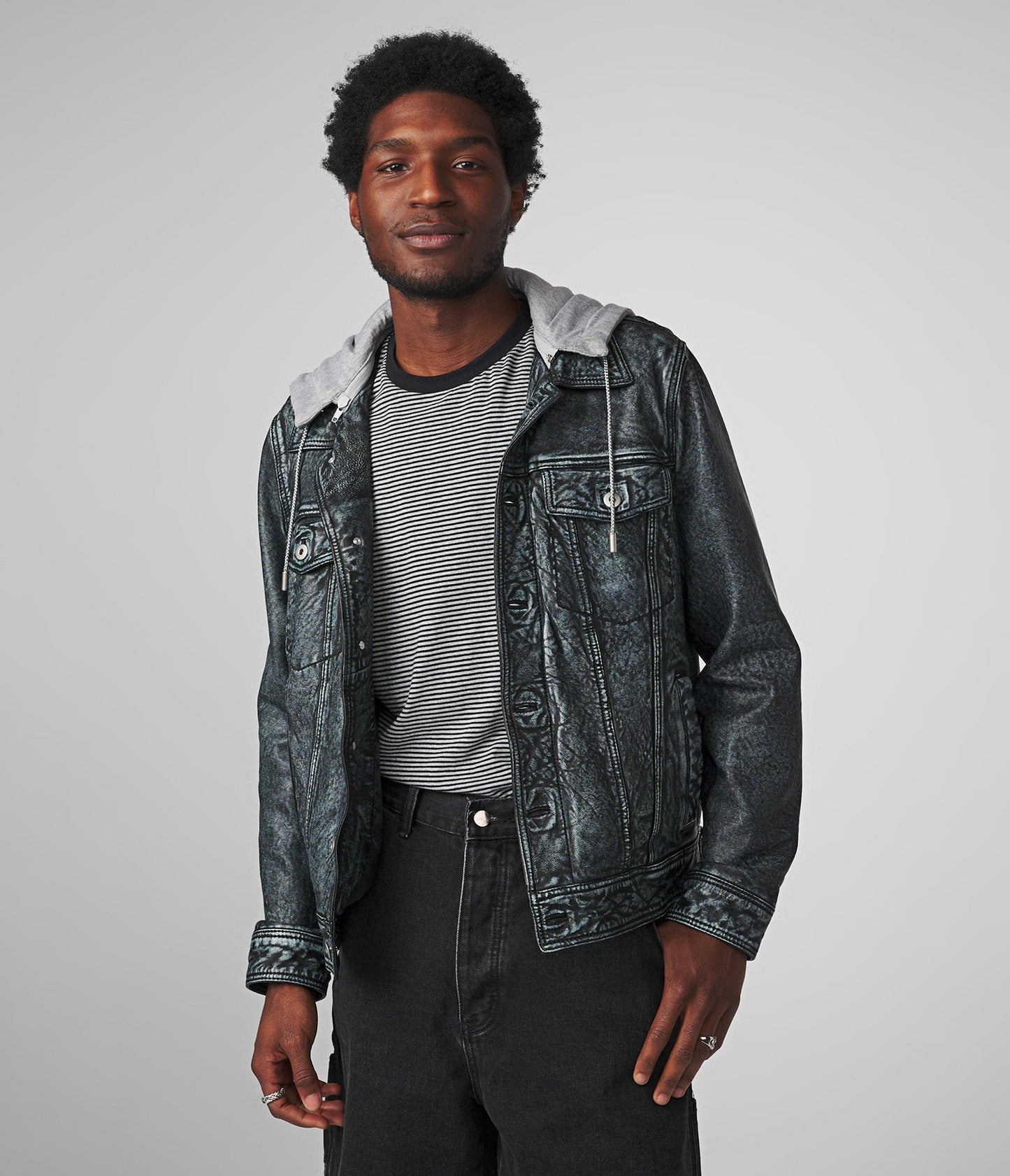 Crew Denim Leather Jacket With Hood