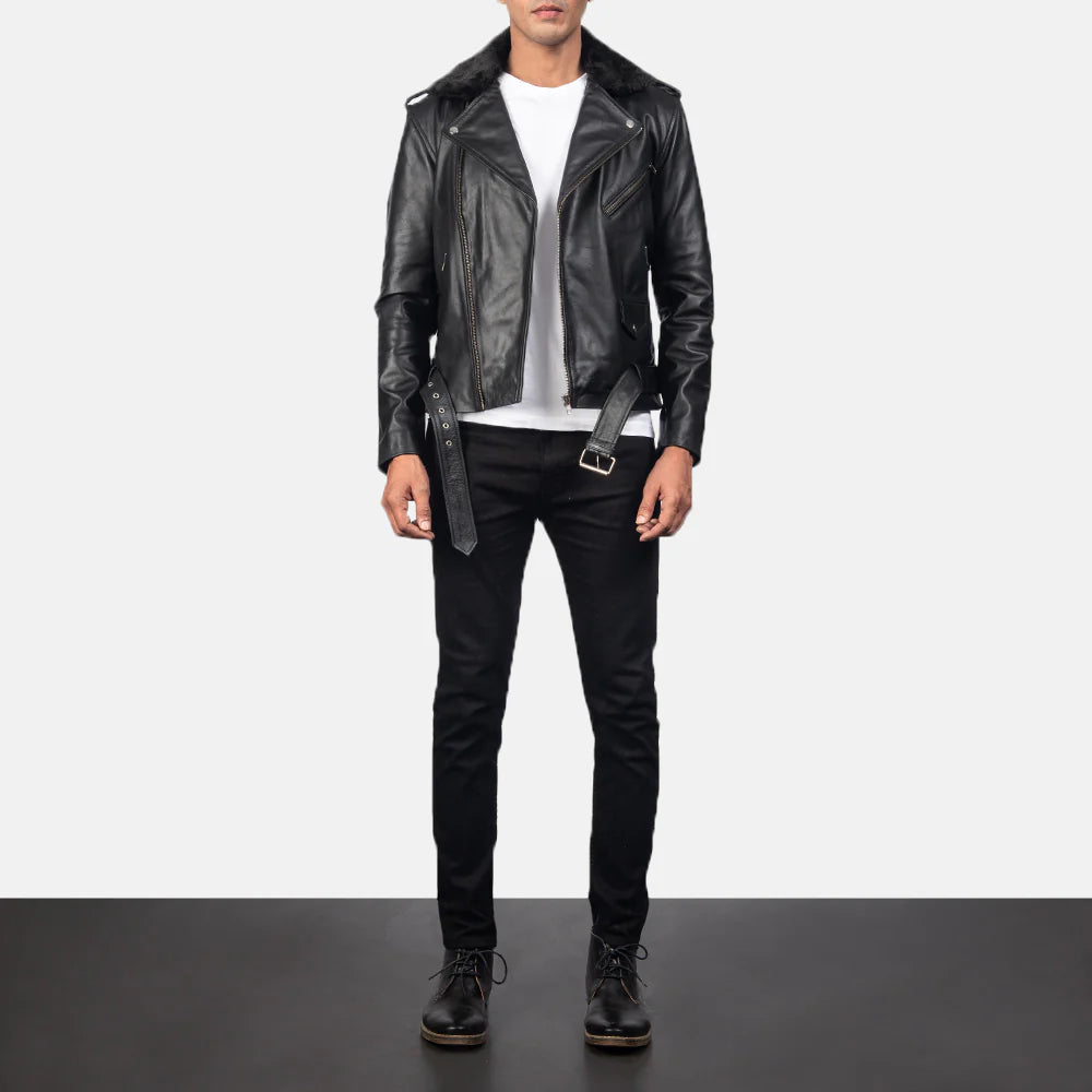 Furton Black Leather Biker Jacket